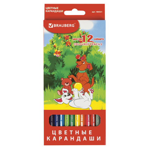 Карандаши цветные BRAUBERG "My lovely dogs", 12 цветов, заточенные, картонная упаковка, 180531 по низкой цене оптом Краснодар, Москва, Уфа, Казань, Барнаул, Владивосток, Хабаровск, Сахалин, Красноярск, Екатеренбург, 