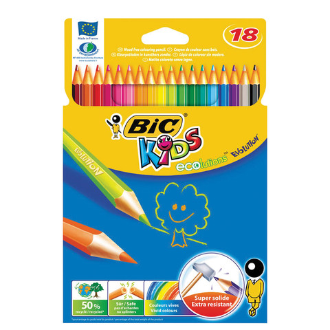 Карандаши цветные BIC "Kids ECOlutions Evolution", 18 цветов, пластиковые, заточенные, европодвес, 937513 по низкой цене оптом Краснодар, Москва, Уфа, Казань, Барнаул, Владивосток, Хабаровск, Сахалин, Красноярск, Екатеренбург, 