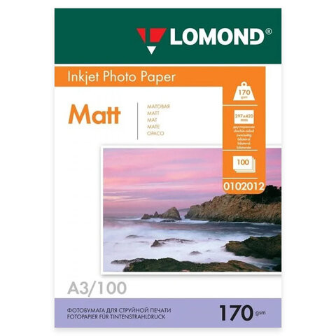 Фотобумага матовая БОЛЬШОГО ФОРМАТА, A3, 170 г/м2, двусторонняя, 100 листов, LOMOND, 0102012 по низкой цене оптом 