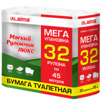 Бумага туалетная "МЯГКИЙ РУЛОНЧИК ЛЮКС" белая, спайка 32 рулона по 45 метров, 1-слойная, LAIMA, 114736