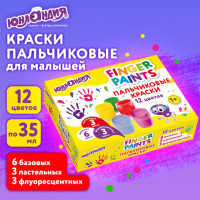 Краски пальчиковые для малышей от 1 года, 12 цветов (6 базовых+3 пастельных+3 флуоресцентных) по 35 мл, ЮНЛАНДИЯ, 192570