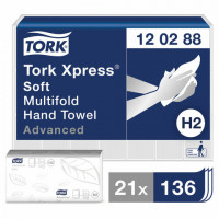 Полотенца бумажные, 136 штук, TORK (Система H2) Advanced, КОМПЛЕКТ 21 штука, 2-слойные, белые, 21х34, Interfold, 120288