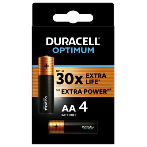 Батарейки КОМПЛЕКТ 4 шт., DURACELL Optimum, AA (LR6, 15А), х30 мощность, алкалиновые, пальчиковые, 5014061 по низкой цене оптом 