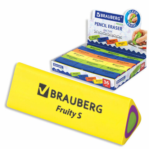 Ластик BRAUBERG "Fruity S", 44х15х15 мм, цвет ассорти, треугольный, 228713 по низкой цене оптом Краснодар, Москва, Уфа, Казань, Барнаул, Владивосток, Хабаровск, Сахалин, Красноярск, Екатеренбург, 