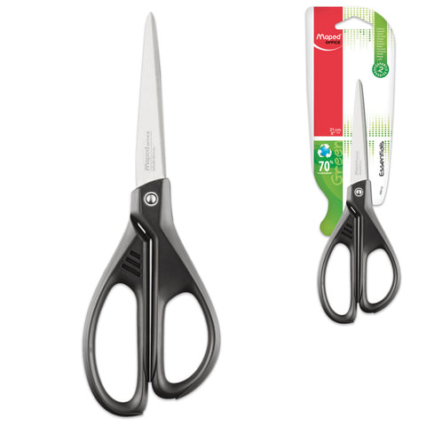 Ножницы MAPED (Франция) "Essentials Green", 210 мм, черные, эргономичные ручки, картонная упаковка с европодвесом, 468110 по низкой цене оптом 