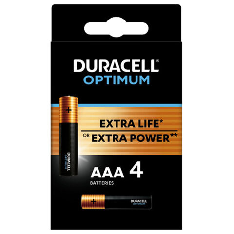 Батарейки КОМПЛЕКТ 4 шт., DURACELL Optimum, AAA (LR03, 24А), х30 мощность, алкалиновые, мизинчиковые, 5014062 по низкой цене оптом 