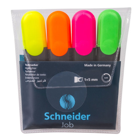 Набор текстовыделителей SCHNEIDER 4 шт., АССОРТИ, "Job", линия 1-5 мм, 1500 по низкой цене оптом Краснодар, Москва, Уфа, Казань, Барнаул, Владивосток, Хабаровск, Сахалин, Красноярск, Екатеренбург, 