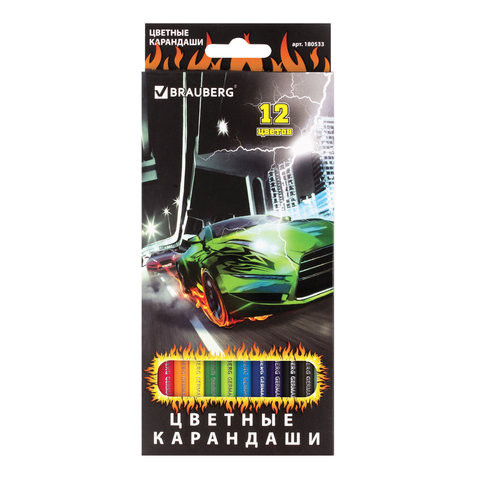 Карандаши цветные BRAUBERG "InstaRacing", 12 цветов, заточенные, картонная упаковка с отделкой выборочным лаком, 180533 по низкой цене оптом 