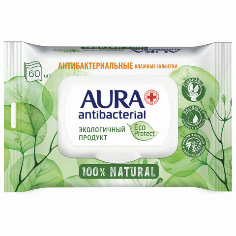 Салфетки влажные антибактериальные 60 шт., AURA Antibacterial "ECO Protect", клапан крышка, 10509 по низкой цене оптом Краснодар, Москва, Уфа, Казань, Барнаул, Владивосток, Хабаровск, Сахалин, Красноярск, Екатеренбург, 