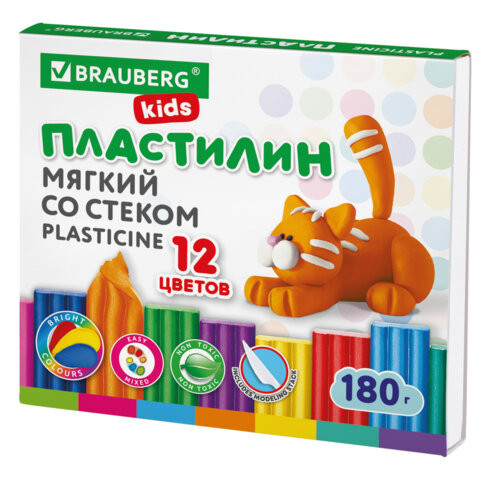 Пластилин мягкий восковой BRAUBERG KIDS, 12 цветов, 180 г, со стеком, 106495 по низкой цене оптом 