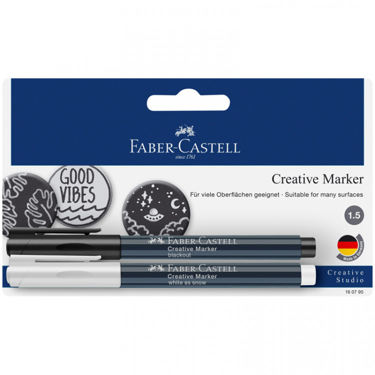 Набор маркеров для декорирования Faber-Castell "Creative" белый/черный, пулевидный, 1,5мм, блистер по низкой цене оптом Краснодар, Москва, Уфа, Казань, Барнаул, Владивосток, Хабаровск, Сахалин, Красноярск, Екатеренбург, 