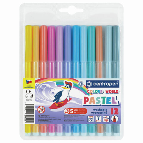 Фломастеры ПАСТЕЛЬНЫЕ 12 ЦВЕТОВ CENTROPEN "Colour World Pastel", смываемые, 7550/12TP, 7 7550 1287 по низкой цене оптом 