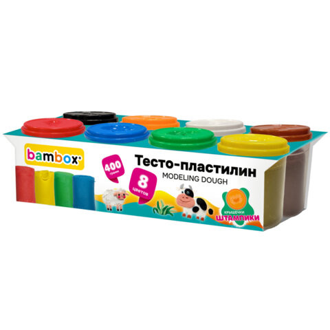 Тесто-пластилин для лепки СУПЕР ПЛАСТИЧНОЕ, 8 цветов, 400 г, крышки-штампики, BAMBOX (БАМБОКС), 107248 по низкой цене оптом Тесто-пластилин для лепки СУПЕР ПЛАСТИЧНОЕ, 8 цветов, 400 г, крышки-штампики, BAMBOX (БАМБОКС), 107248 по низкой цене оптом
