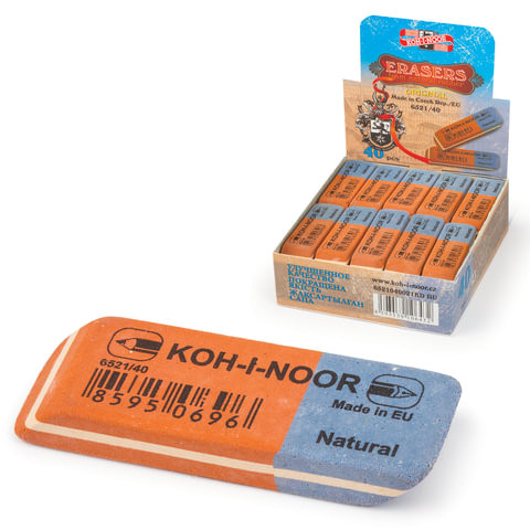 Ластик KOH-I-NOOR 6521/40, 57x19,5x8 мм, красно-синий, прямоугольный, скошенные края, натуральный каучук, 6521040021KDRU по низкой цене оптом 