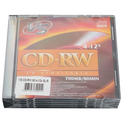 Диски CD-RW VS 700 Mb, 4-12x, Slim Case, КОМПЛЕКТ 5 шт., VSCDRWSL501 по низкой цене оптом Краснодар, Москва, Уфа, Казань, Барнаул, Владивосток, Хабаровск, Сахалин, Красноярск, Екатеренбург, 
