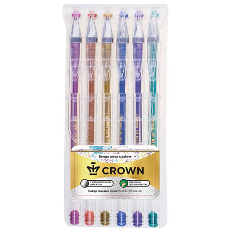 Ручки гелевые CROWN "Hi-Jell Metallic", НАБОР 6 ЦВЕТОВ, МЕТАЛЛИК, узел 0,7 мм, линия письма 0,5 мм, HJR-500GSM/6 по низкой цене оптом 