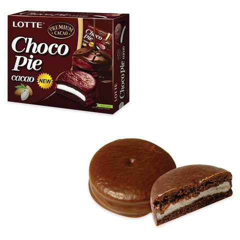 Печенье LOTTE "Choco Pie Cacao" ("Чоко Пай Какао"), глазированное, картонная упаковка, 336 г, 12 шт. х 28 г по низкой цене оптом Краснодар, Москва, Уфа, Казань, Барнаул, Владивосток, Хабаровск, Сахалин, Красноярск, Екатеренбург, 