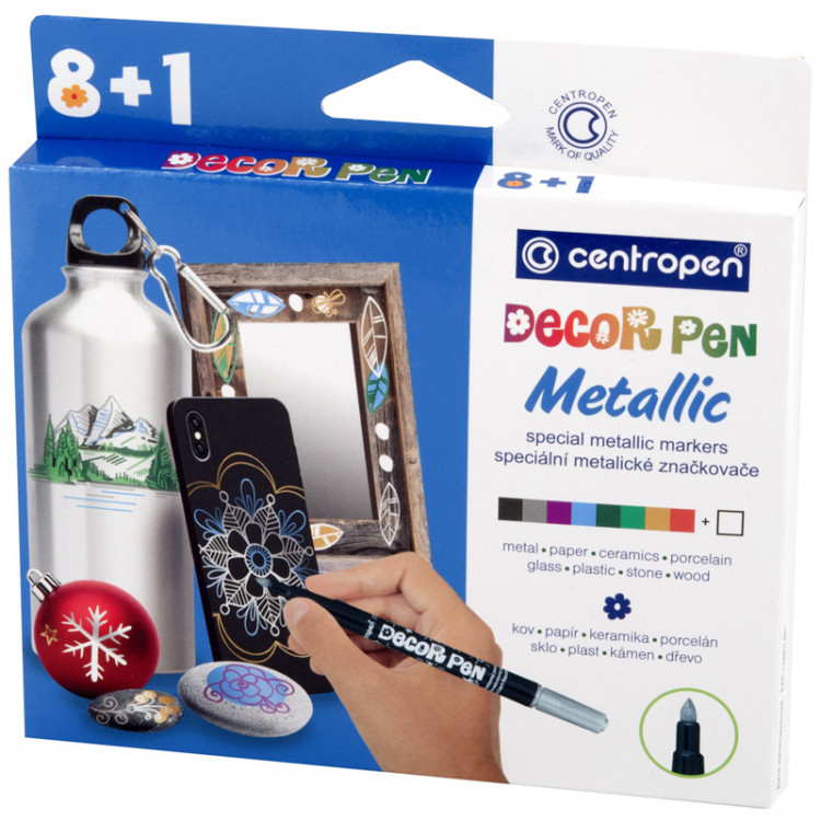 Набор маркеров для декорирования Centropen "Decor Pen Metallic 2737" 08цв.+1, пулевид, 1,5мм, картон. уп., европодвес по низкой цене оптом Краснодар, Москва, Уфа, Казань, Барнаул, Владивосток, Хабаровск, Сахалин, Красноярск, Екатеренбург, 