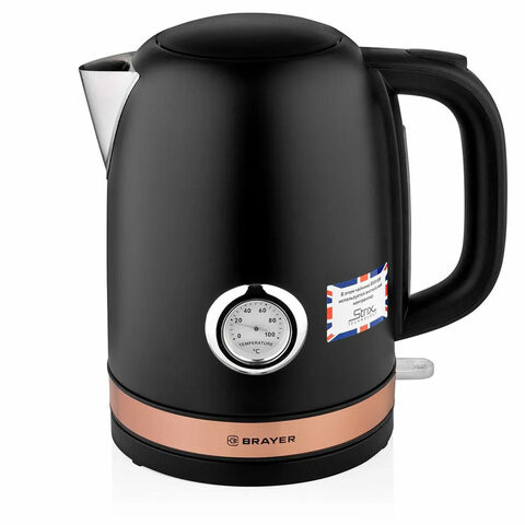 Чайник с термометром BRAYER BR1005BK, 1,7 л, 2200 Вт, закрытый нагревательный элемент, сталь, черный по низкой цене оптом Краснодар, Москва, Уфа, Казань, Барнаул, Владивосток, Хабаровск, Сахалин, Красноярск, Екатеренбург, 