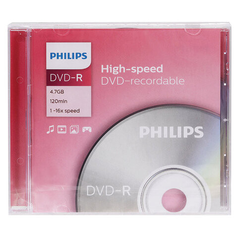Диск DVD-R PHILIPS, 4,7 Гб 16x Slim Case (1 штука), DM4S6S01F/97 по низкой цене оптом 