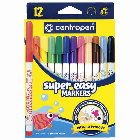 Фломастеры 12 ЦВЕТОВ CENTROPEN "Super Easy", смываемые, вентилируемый колпачок, 2580/12KK, 7 2580 1285 по низкой цене оптом 