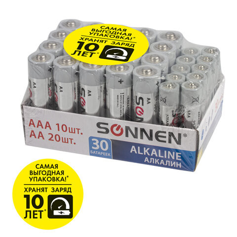 Батарейки КОМПЛЕКТ 30 (20+10) шт., SONNEN Alkaline, AA+ААА (LR6+LR03), в коробке, 455097 по низкой цене оптом 