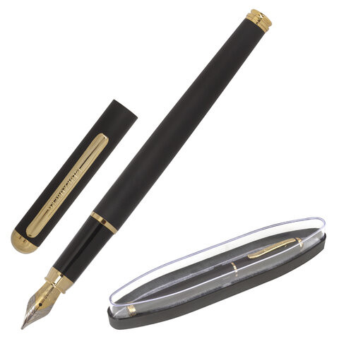 Ручка подарочная перьевая BRAUBERG Maestro, СИНЯЯ, корпус черный с золотистыми деталями, линия письма 0,25 мм, 143471 по низкой цене оптом 