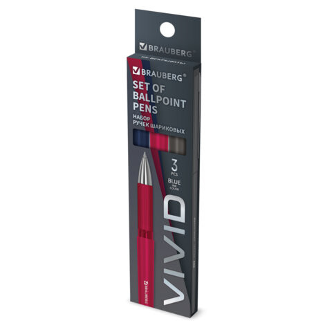 Ручки шариковые с грипом BRAUBERG "VIVID", НАБОР 3 ШТУКИ, СИНИЕ, SOFT TOUCH покрытие, узел 0,7 мм, линия письма 0,35 мм, 144401 по низкой цене оптом 
