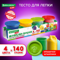 Пластилин-тесто для лепки BRAUBERG KIDS, 4 цвета, 560г, яркие классические цвета, крышки-штампики, 106715, TA1010V