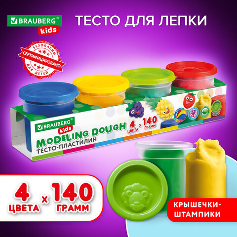 Пластилин-тесто для лепки BRAUBERG KIDS, 4 цвета, 560г, яркие классические цвета, крышки-штампики, 106715, TA1010V по низкой цене оптом 