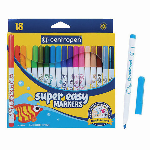 Фломастеры 18 ЦВЕТОВ CENTROPEN "Super Easy", смываемые, вентилируемый колпачок, 2580/18KK, 7 2580 1885 по низкой цене оптом 