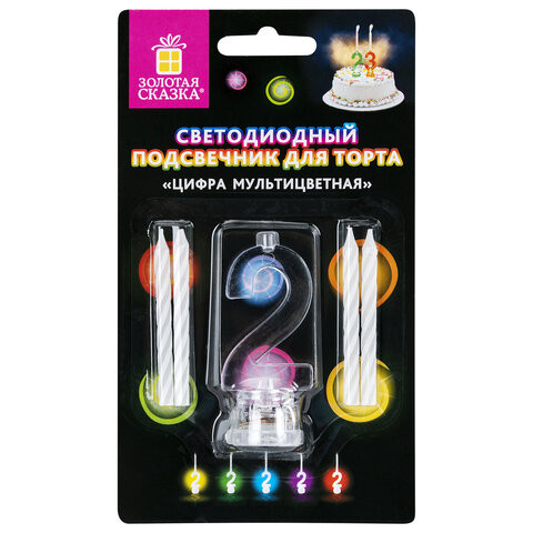 Цифра-подсвечник "2" светодиодная, ЗОЛОТАЯ СКАЗКА, в наборе 4 свечи 6 см, 1 батарейка, 591425 по низкой цене оптом 