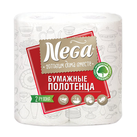 Полотенца бумажные бытовые, спайка 2 штуки, 2-х слойные (2х13,2 м), NEGA ("Нега"), белые по низкой цене оптом 