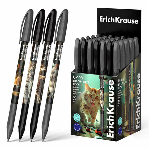Ручка шариковая масляная ERICH KRAUSE U-108 "Stick Big City Cats",СИНЯЯ,узел 1мм,лини, 63103 по низкой цене оптом 