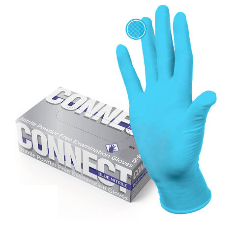 Перчатки смотровые нитриловые CONNECT, голубые, 50 пар (100 штук), размер S (малые), - по низкой цене оптом Краснодар, Москва, Уфа, Казань, Барнаул, Владивосток, Хабаровск, Сахалин, Красноярск, Екатеренбург, 