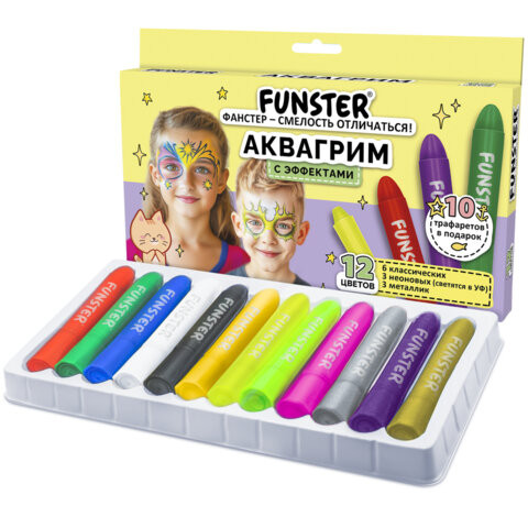 Аквагрим для лица и тела, 12 цветов (6 классических+3 неон+3 метал), 10 трафаретов, FUNSTER, 192575 по низкой цене оптом Аквагрим для лица и тела, 12 цветов (6 классических+3 неон+3 метал), 10 трафаретов, FUNSTER, 192575 по низкой цене оптом