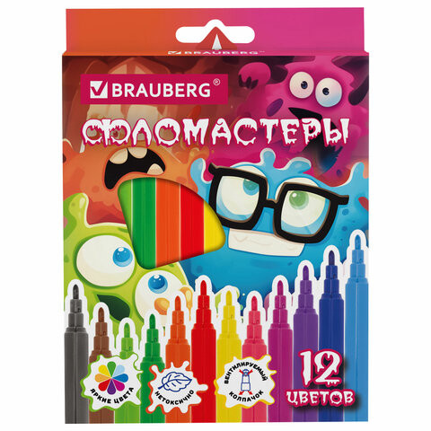 Фломастеры кросс-серия МОНСТРИКИ, 12 цветов, вентилируемый колпачок, картонная коробка с европодвесом, BRAUBERG, 152622 по низкой цене оптом Фломастеры кросс-серия МОНСТРИКИ, 12 цветов, вентилируемый колпачок, картонная коробка с европодвесом, BRAUBERG, 152622 по низкой цене оптом