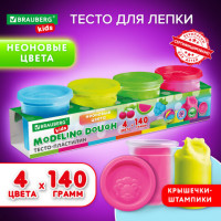 Пластилин-тесто для лепки BRAUBERG KIDS, 4 цвета, 560г, яркие неоновые цвета, крышки-штампики, 106716