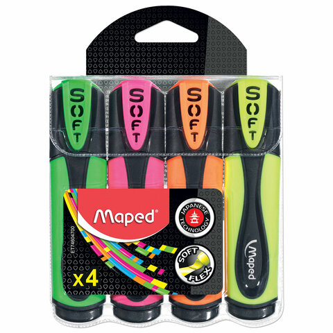 Набор текстовыделителей MAPED 4 шт., "Fluo Pep's Ultra soft", АССОРТИ, гибкий наконечник, 1-5 мм, 746047 по низкой цене оптом 