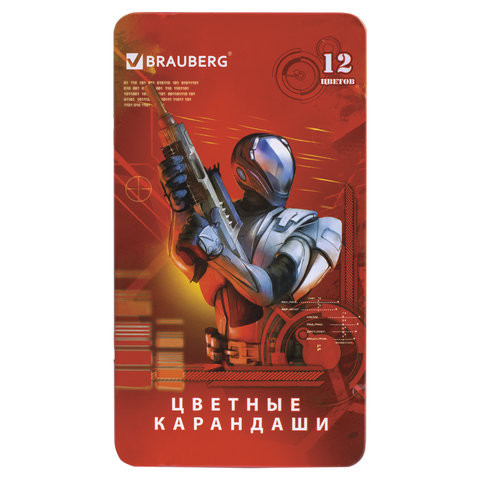 Карандаши цветные BRAUBERG "Star Patrol", 12 цв., заточенные, металлическая упаковка, 180543 по низкой цене оптом 