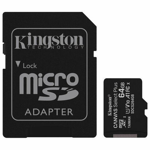 Карта памяти microSDXC 64 GB KINGSTON Canvas Select Plus, UHS-I U1, 100 Мб/с (class 10), адаптер, SDCS2/64GB по низкой цене оптом 