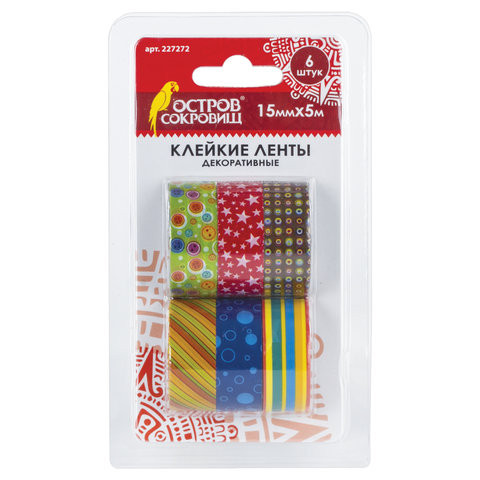 Клейкие ленты 15 мм х 5 м, декоративные, ОСТРОВ СОКРОВИЩ, комплект 6 шт., ассорти №2, блистер, 227272 по низкой цене оптом 