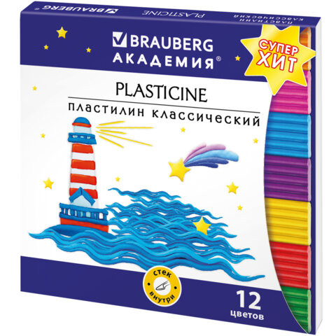 Пластилин классический BRAUBERG "АКАДЕМИЯ ХИТ", 12 цветов, 240 г, стек, ВЫСШЕЕ КАЧЕСТВО, 106423 по низкой цене оптом 