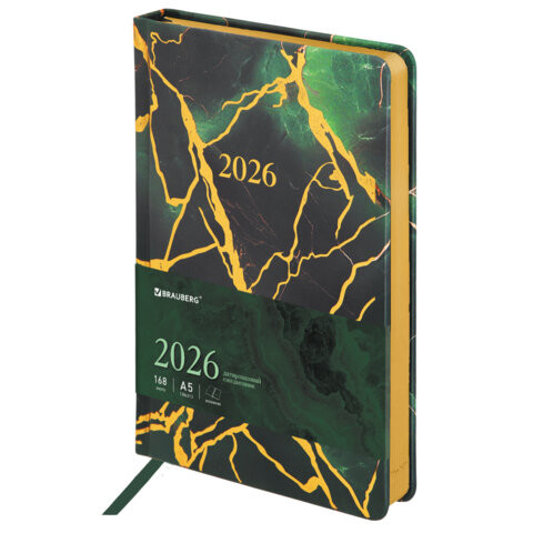 Ежедневник датированный 2026 А5 138x213мм BRAUBERG "Vista", под кожу твердый, "Green marble", 117456 по низкой цене оптом 
