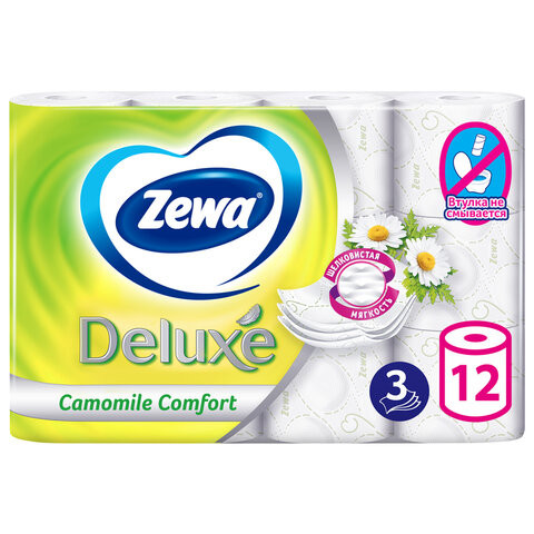 Бумага туалетная 3-х слойная 12 рулонов (12х18 м), С АРОМАТОМ РОМАШКИ, ZEWA Deluxe, 53613 по низкой цене оптом 