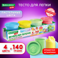 Пластилин-тесто для лепки BRAUBERG KIDS, 4 цвета, 560г, пастельные цвета, крышки-штампики, 106717