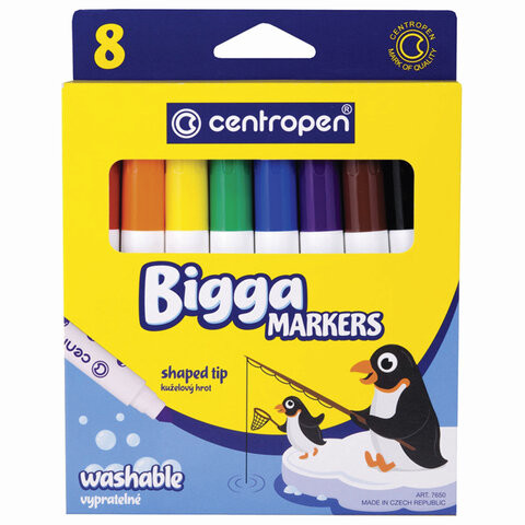 Фломастеры утолщенные 8 ЦВЕТОВ CENTROPEN "Bigga Markers", смываемые, вентилируемый колпачок, 7650/8KK, 7 7650 0801 по низкой цене оптом 