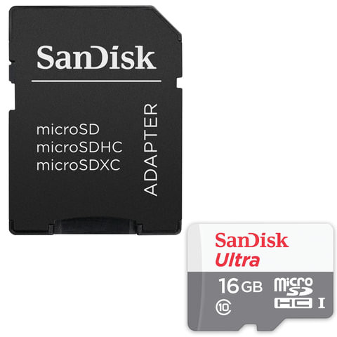 Карта памяти microSDHC, 16 GB, SANDISK Ultra UHS-I U1, 80 Мб/сек (class 10), адаптер, QUNS-016G-GN3MA по низкой цене оптом 