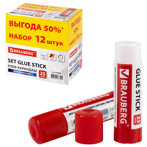 Клей-карандаш 25 г ВЫГОДНАЯ УПАКОВКА, КОМПЛЕКТ 12 штук, BRAUBERG, 229470 по низкой цене оптом 