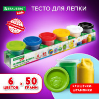 Пластилин-тесто для лепки BRAUBERG KIDS, 6 цветов, 300г, яркие классические цвета, крышки - штампики, 106718, TA1009V